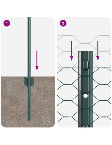 Pali per Recinzione 11 pz U-Channel Verde 80 cm Acciaio,  Recinzione Esagonale Verde 0,8x25 m Acciaio