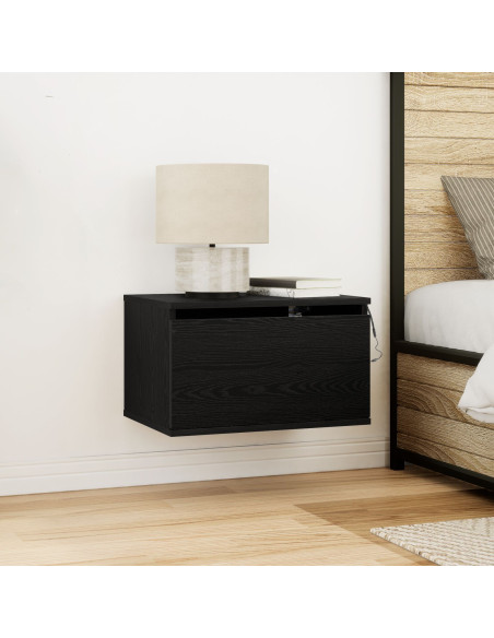 Cabinette da notte  con luci LED 2 pz da parete in rovere nero