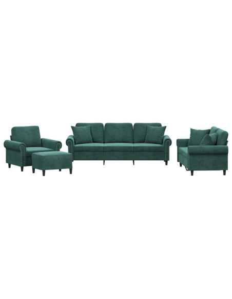 Set di Divani 4 pz con Cuscini Verde Scuro in Velluto
