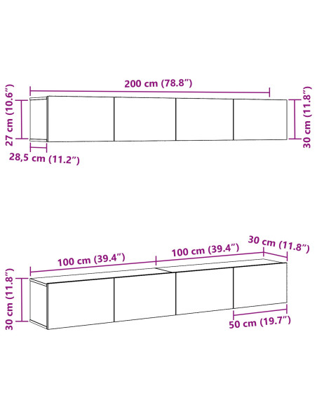 Set di mobili per TV a parete in 4 pezzi di  in legno ingegnerizzato nero rovere