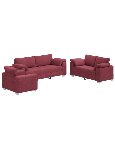 Set divano 3 pezzi con cuscini color rosso vino in tessuto