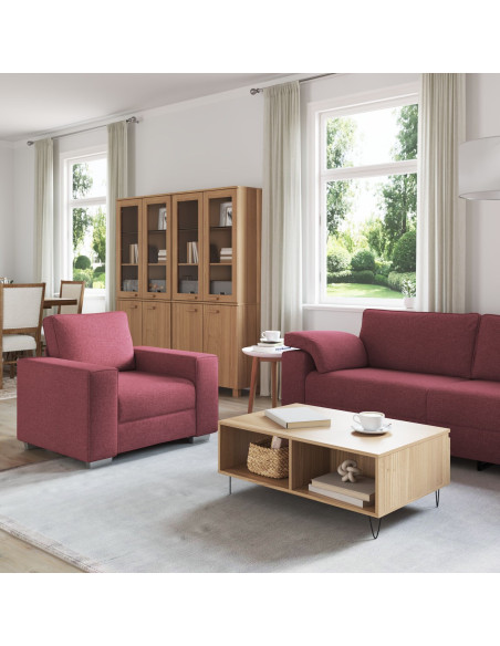 Set divano 3 pezzi con cuscini color rosso vino in tessuto