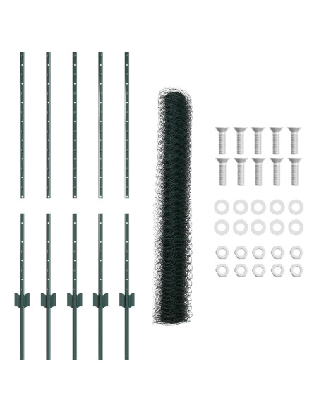 Pali di Recinzione 5 pezzi U-Channel Verde 100 cm Acciaio,  Recinzione Esagonale Verde 1x10 m Acciaio