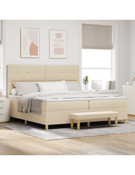 Letto Box Spring con Materasso e Panchetta Crema 200x200 cm Tessuto