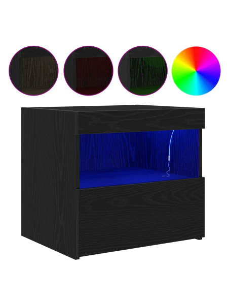 Comodino  con luci LED Rovere Nero 50x40x45 cm