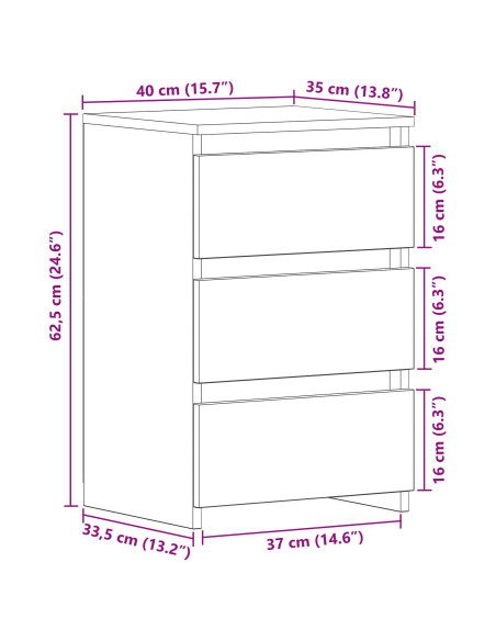 Comodino Nero Rovere  40x35x62,5 cm in Legno Ingegnerizzato