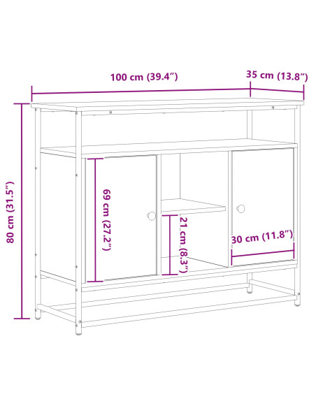 Sideboard  Nero Rovere 100x35x80 cm Legno ingegnerizzato e Acciaio
