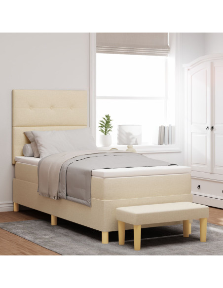 Letto Box Spring con Materasso e Panchina Panna 100x200 cm Tessuto