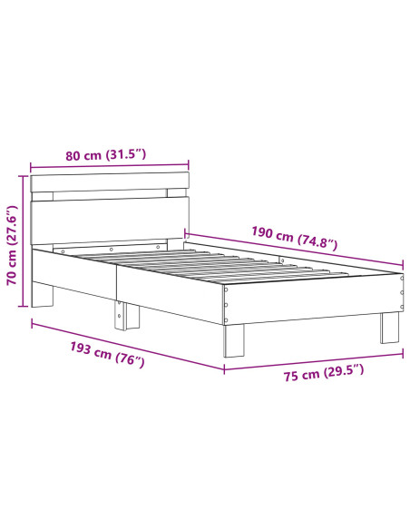 Struttura Letto  con Luci LED Nero Rovere 75x190 cm Legno Tecnico