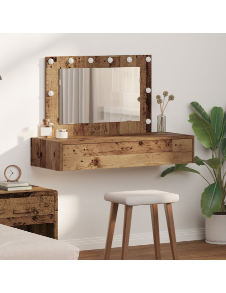 Tavolo da trucco a muro con luci LED in legno vecchio