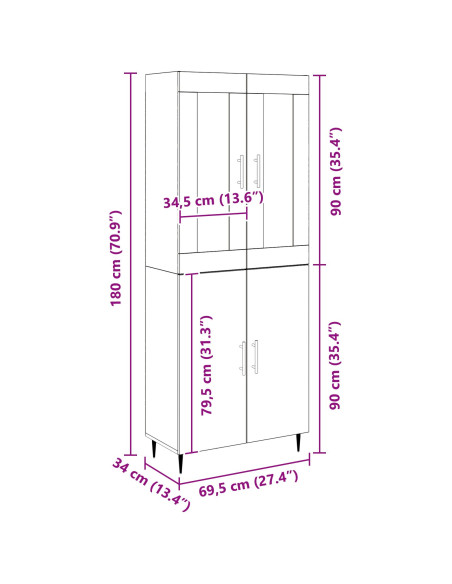 Highboard  in Rovere Artigianale 69.5x34x180 cm Legno ingegnerizzato