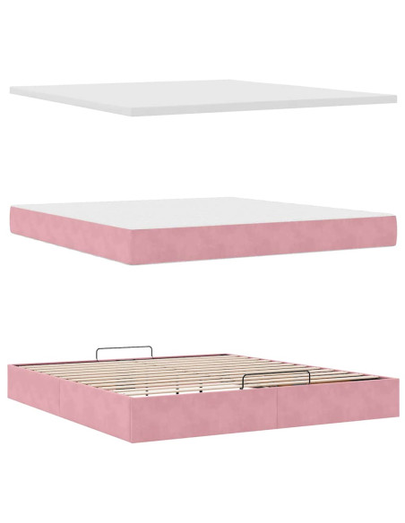 Struttura Letto Pouf con Materasso Rosa 160x200 cm in Velluto