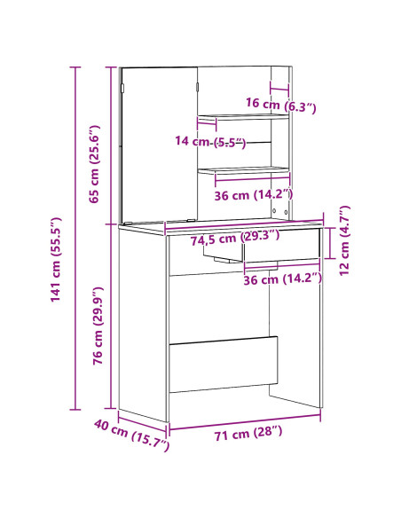 Tavolo da Trucco con cassetto Rovere Nero 74,5 x 40 x 141 cm