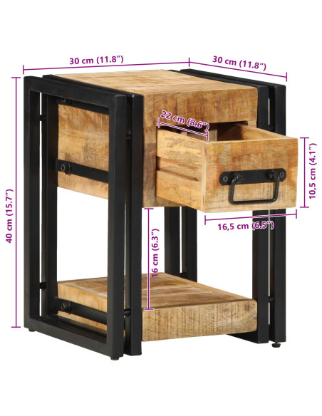 Comodino  40x40x40 cm in legno massello grezzo di mango