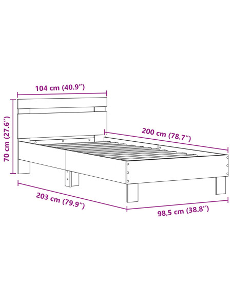 Struttura del letto con led Rovere artigianale 100 x 200 cm
