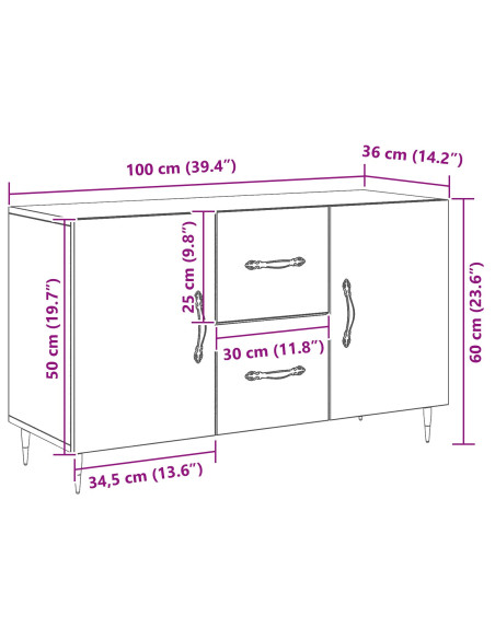 sideboard  Nero Rovere 100x36x60 cm Legno ingegnerizzato