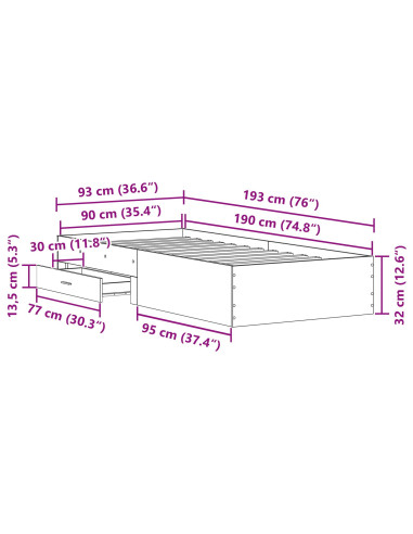 Struttura del letto con cassetto Rovere artigianale 90 x 190 cm