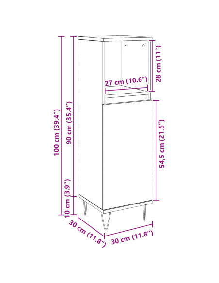 Cabinet da Bagno  Nero Rovere 30x30x100 cm Legno Ingegnerizzato