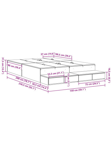 Struttura letto con contenitore Grigio cemento 150 cm