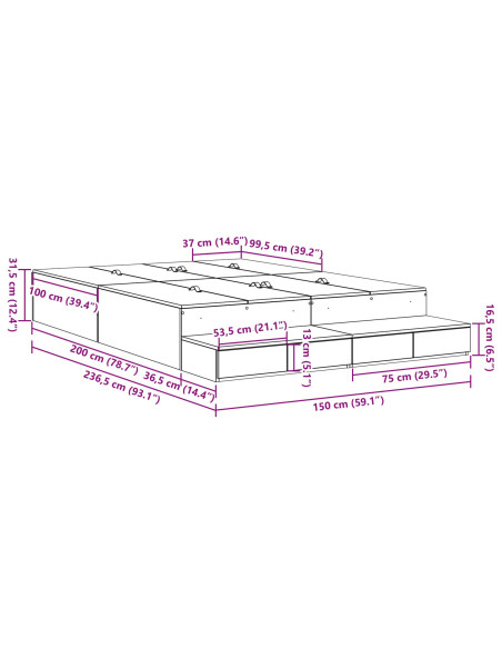 Struttura letto con contenitore Rovere artigianale 150 cm