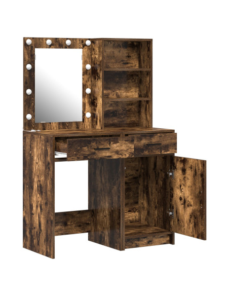 Set di Toeletta in 2 Pezzi con LED in Rovere Affumicato e Legno Ingegnerizzato