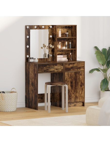 Set di Toeletta in 2 Pezzi con LED in Rovere Affumicato e Legno Ingegnerizzato