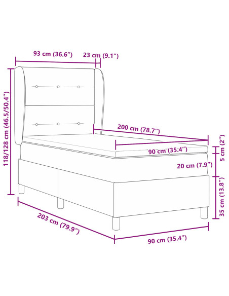 letto box spring  con materasso grigio chiaro 90x200 cm in velluto