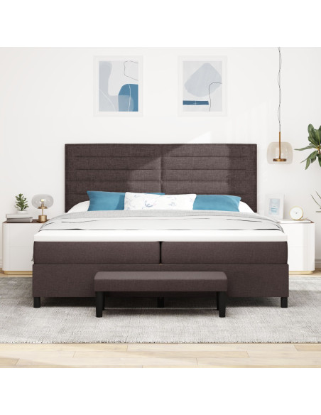 Letto a molle con materasso e panca marrone scuro 200x200 cm Tessuto