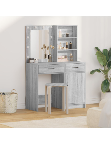 Set di Tavolo da Trucco a 2 Pezzi con LED Grigio in Legno Ingegnerizzato di Sonoma