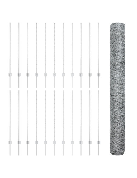 Pali della Recinzione  22 pezzi U-Channel 120 cm Acciaio Zincato, Recinzione Esagonale  1.2x50 m Acciaio Zincato