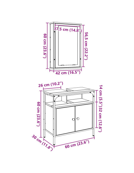 Set di mobili per bagno 2 pezzi in legno anticato in legno ingegnerizzato
