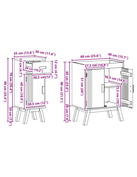 Set di mobili per bagno 2 pezzi in legno massello di pino