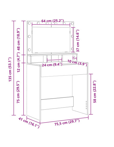 Tavolo da Trucco con specchio Grigio cemento 75,5 x 41 x 135 cm