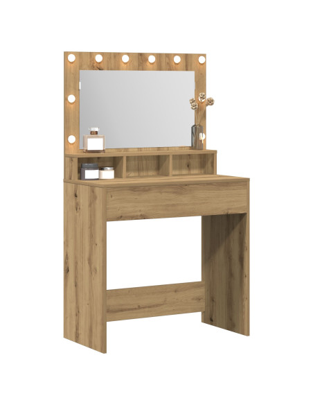 Tavolo da trucco con luci LED in rovere artigianale 79x41x135 cm