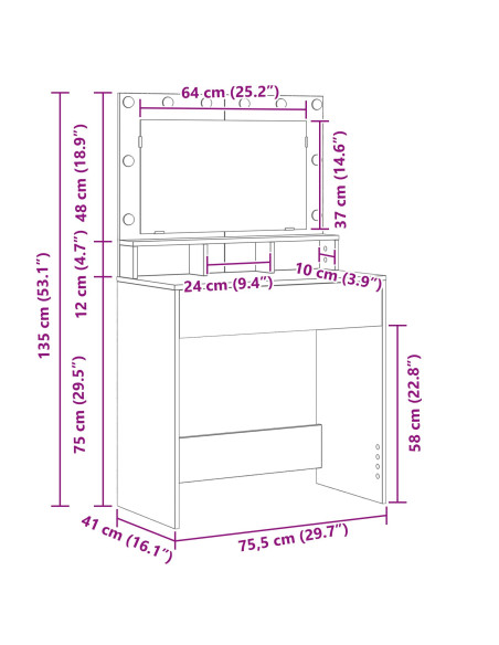 Tavolo da Trucco con specchio Grigio Sonoma 75,5 x 41 x 135 cm