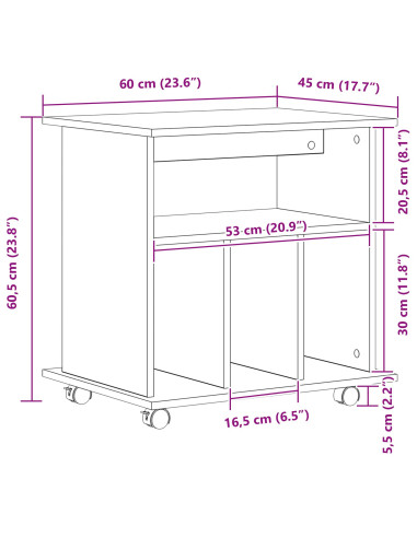 Mobile con Ruote Rovere Nero 60 x 45 x 55 cm Legno multistrato