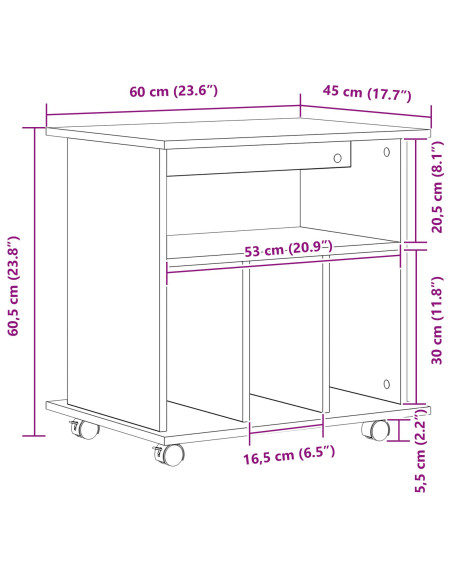Mobile con Ruote Rovere Nero 60 x 45 x 55 cm Legno multistrato