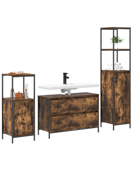 Set di mobili per bagno 3 pezzi in rovere fumé in legno ingegnerizzato