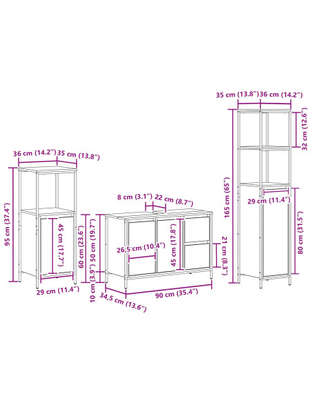 Set di mobili da bagno 3 pezzi in rovere fumé in legno ingegnerizzato