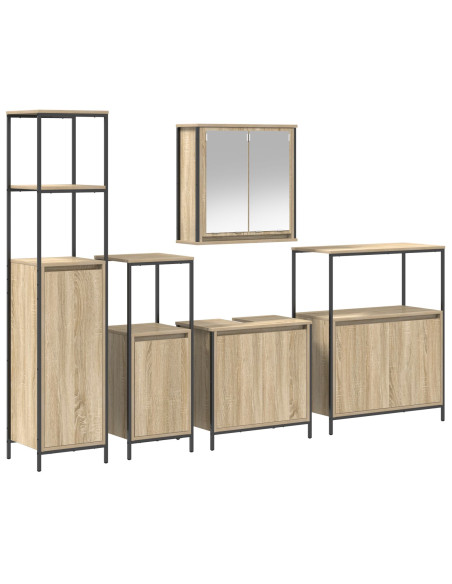 Set di mobili per il bagno con porta 5 pcs Rovere Sonoma e Nero