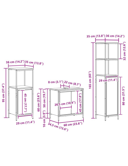 Set di mobili da bagno 3 pezzi in legno ingegnerizzato rovere nero