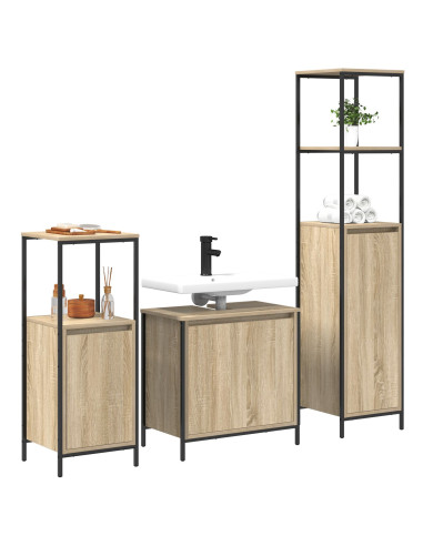 Set di mobili per il bagno con porta 3 pcs Rovere Sonoma e Nero