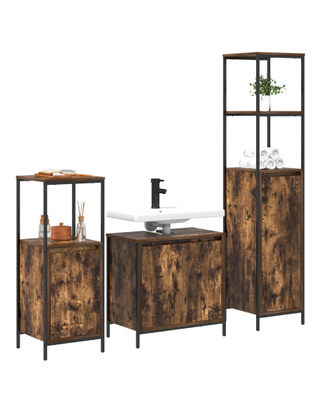 Set di Mobili da Bagno in 3 Pezzi in Rovere Fumè in Legno Ingegnerizzato