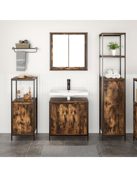 Set di Mobili da Bagno in 3 Pezzi in Rovere Fumè in Legno Ingegnerizzato