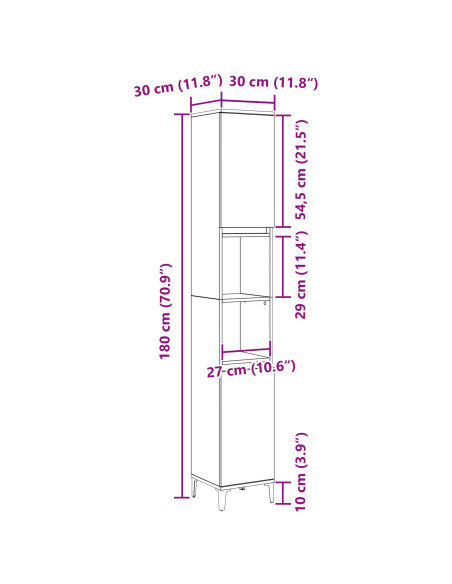 Armadio da Bagno  Nero Rovere 30x30x190 cm Legno Ingegnerizzato