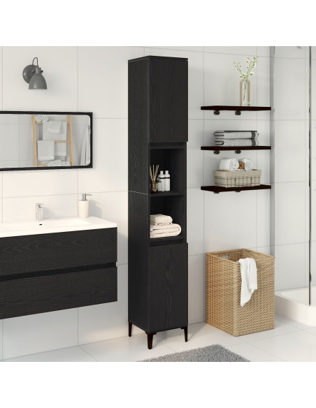 Armadio da Bagno  Nero Rovere 30x30x190 cm Legno Ingegnerizzato