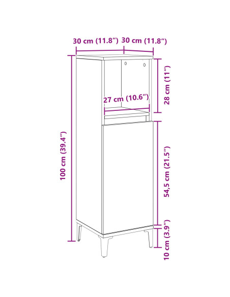 Mobile da Bagno  Nero Rovere 30x30x100 cm Legno ingegnerizzato