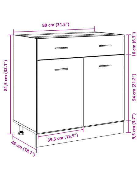 Armadio  con cassetto in rovere nero, 80x46x81,5 cm, realizzato in legno ingegnerizzato