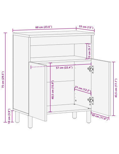 Credenza Naturale 60 x 33,5 x 75 cm Legno di Acacia Massello