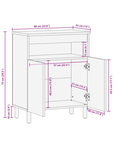 Credenza Naturale 60 x 33,5 x 75 cm Legno di Acacia Massello